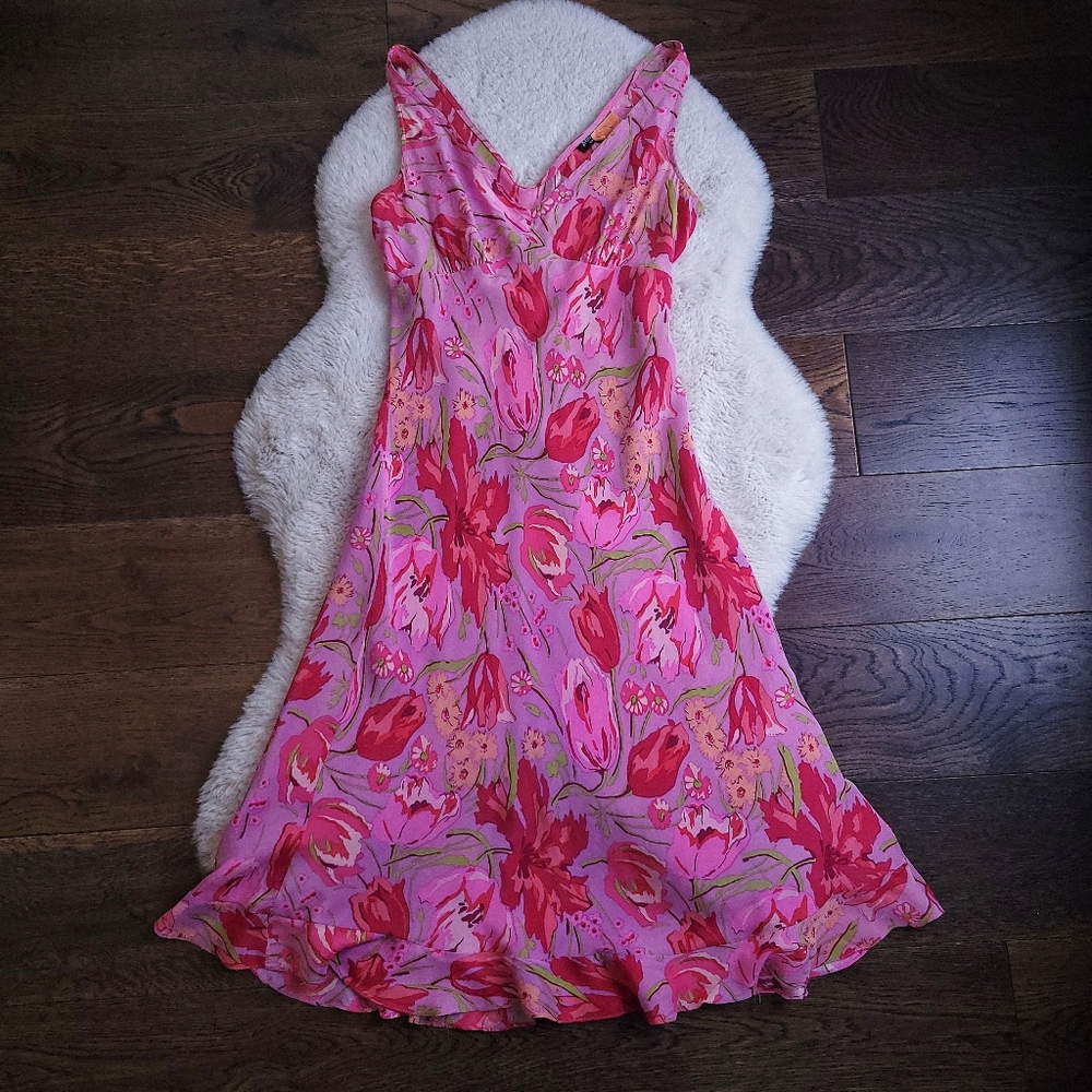 Vintage Betsey Johnson 90s Y2K Silk Floral Tulip Ruffle Babydoll Midi Sl…